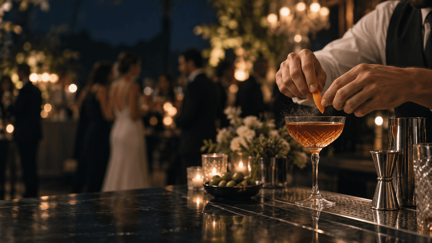 Bartender finalizando um coquetel em uma celebração elegante